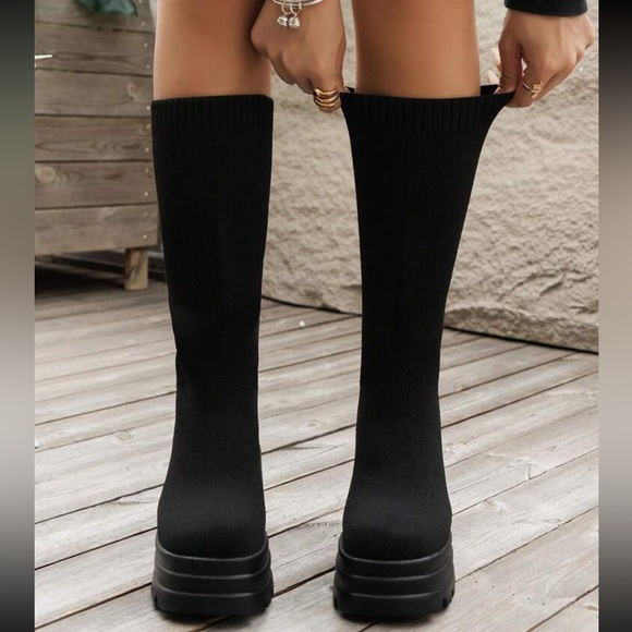 Women's Casual Knitted High Heel Thick Sole Fashion Boots, Elastic Over-the-knee - Picture 1 of 6